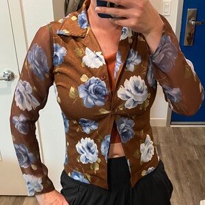 Y2k no boundaries collared floral brown button down top sheer long sleeves Small